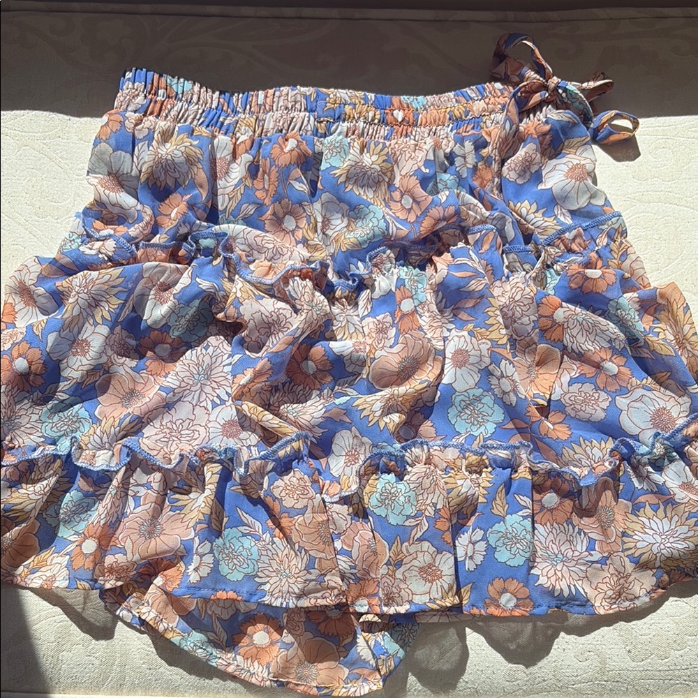 Floral Ruffle Skirt in Blue and Tan